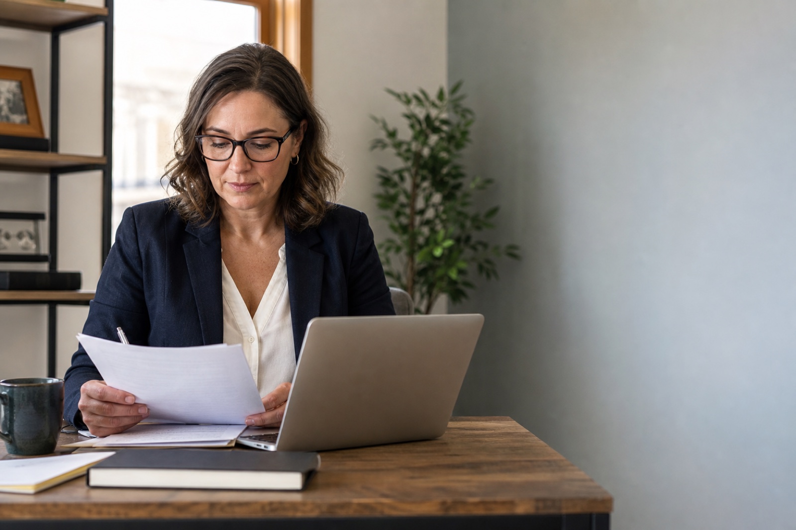 Illustrative independent accountant reviewing documents at a desk