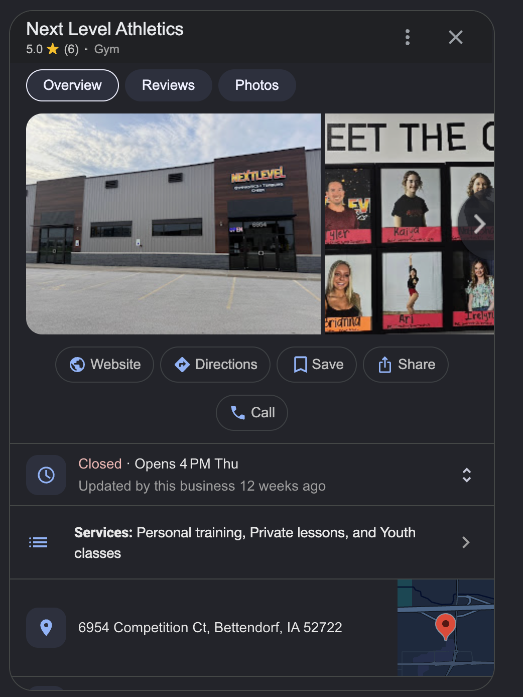 Google Business Profile for Next Level Athletics showing photos, hours, services, contact actions, and address