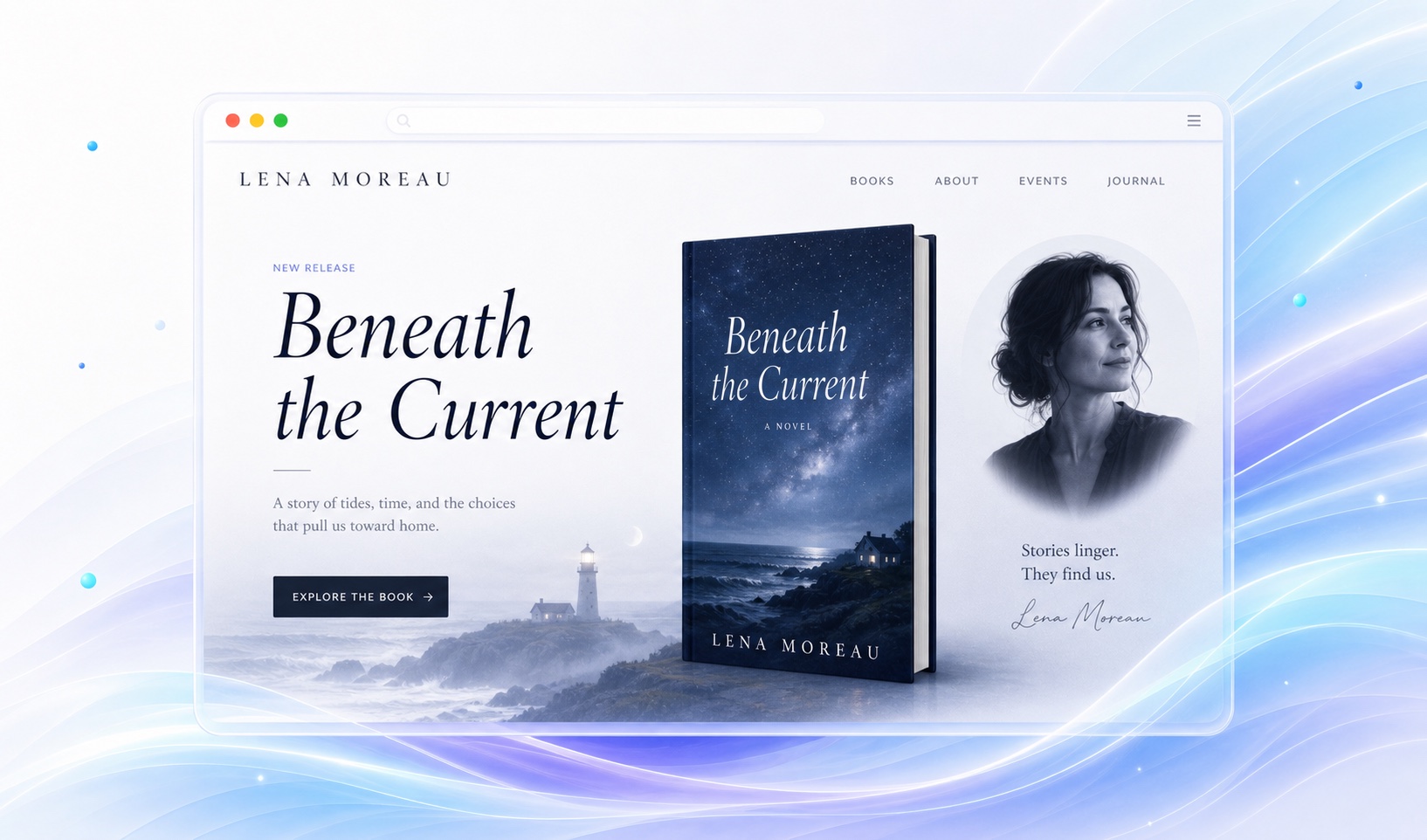 Illustrative author website with a novel cover and author portrait