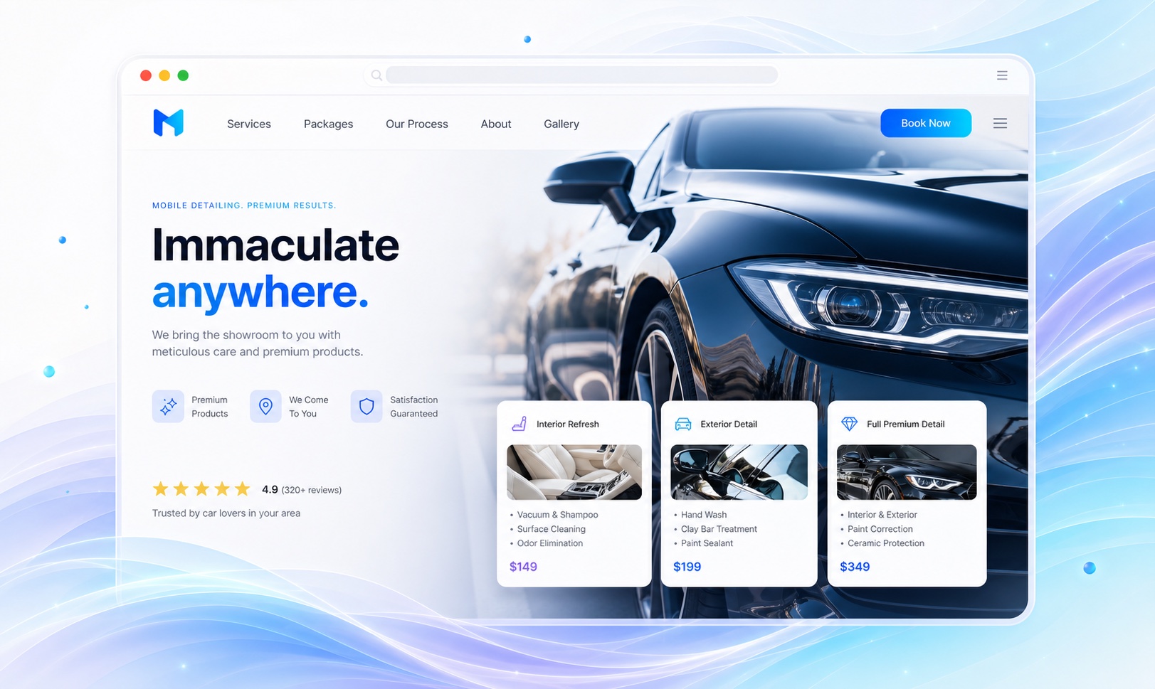 Illustrative car detailing website with a polished black vehicle