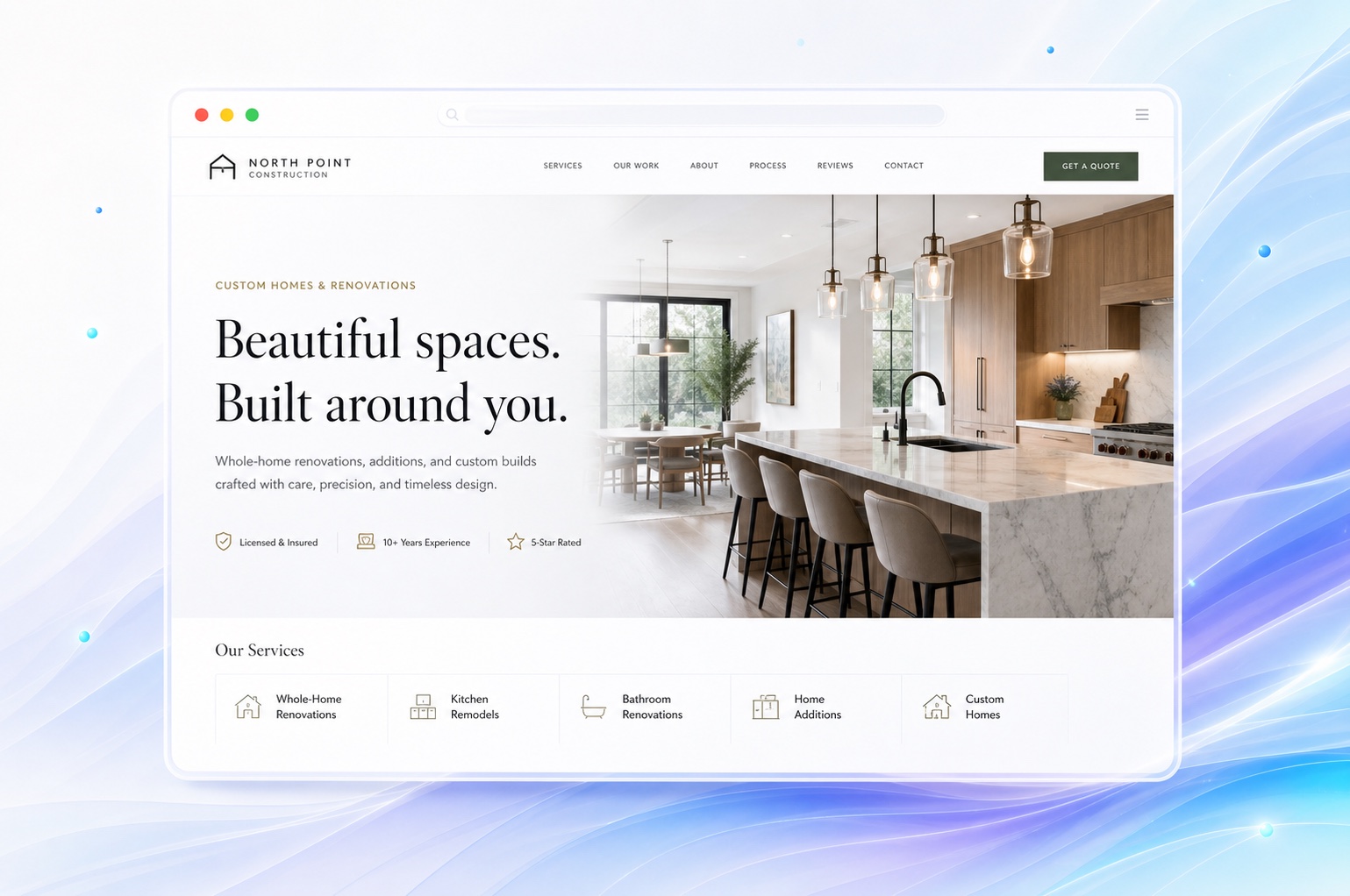 Illustrative contractor website featuring a modern home renovation