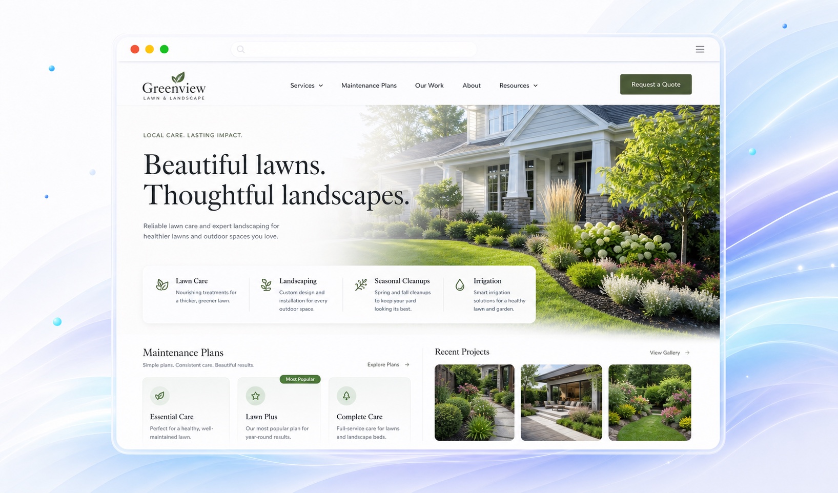 Illustrative lawn care website with a landscaped residential yard