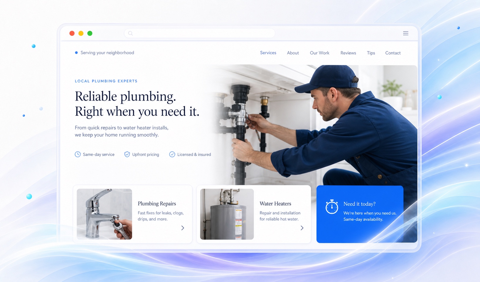 Illustrative plumber website with a technician repairing pipes